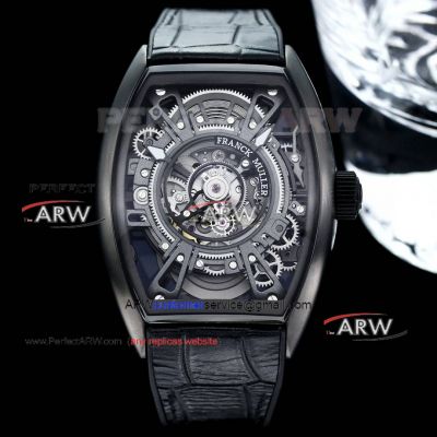 Replica Franck Muller Curvex CX Skeleton All Black Case Leather Strap Watch
